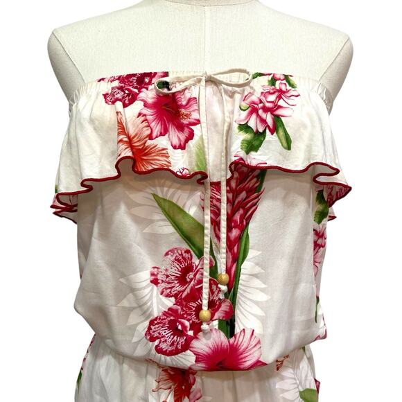 Vintage FAVANT Hawaii White & Red Tropical Floral Strapless Romper Women size S - Picture 3 of 10